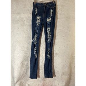 Fashion Nova Dark Navy Distressed Skinny Jeans Ripped Grunge Stretch Denim
